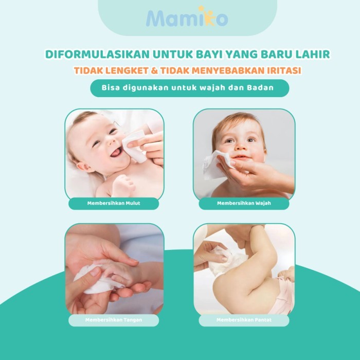 Mamiko Wet Tissue Baby Wipes Pure Water Hand Mouth 10s 80s Mini Travel Size / Tisu Basah Bayi Non Alkohol