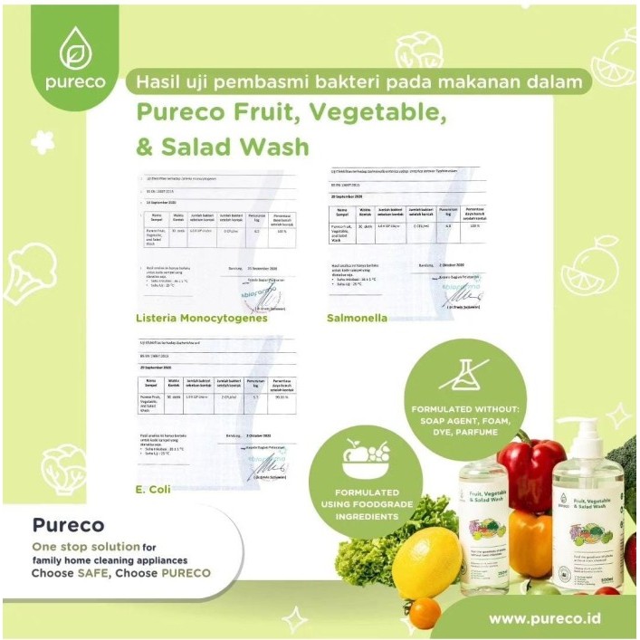 Pureco Liquid Fruit Vegetable Salad Wash / Fruit Veggie Soap / Sabun Cair Cuci Buah Sayuran Home Size Refill Size