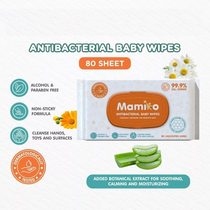 Mamiko Antibacterial Baby Wipes Wet Tissue 80s / Tisu Anti Bakteri 80 Lembar