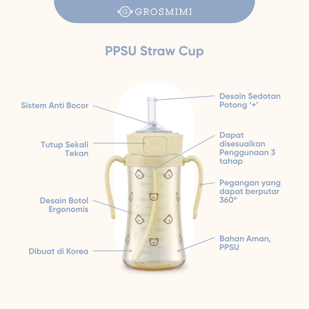 Grosmimi PPSU Weighted Straw Cup 200ml / Botol Minum Training Sedotan dengan Pemberat Anak Bayi