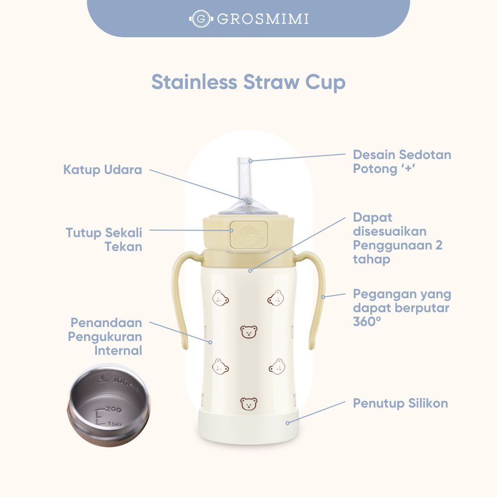 Grosmimi Stainless Straw Cup 200ml / Botol Minum Training Anak Bayi Stainless