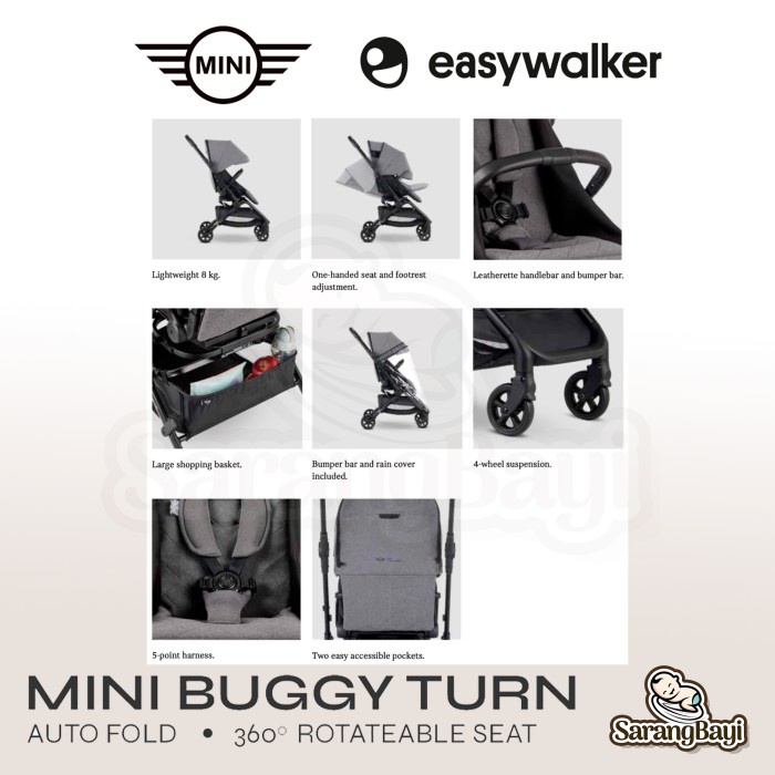 Easywalker Mini Buggy Turn 2 Stroller / Reversible Stroller | Oxford Black Soho Grey Stretford Green