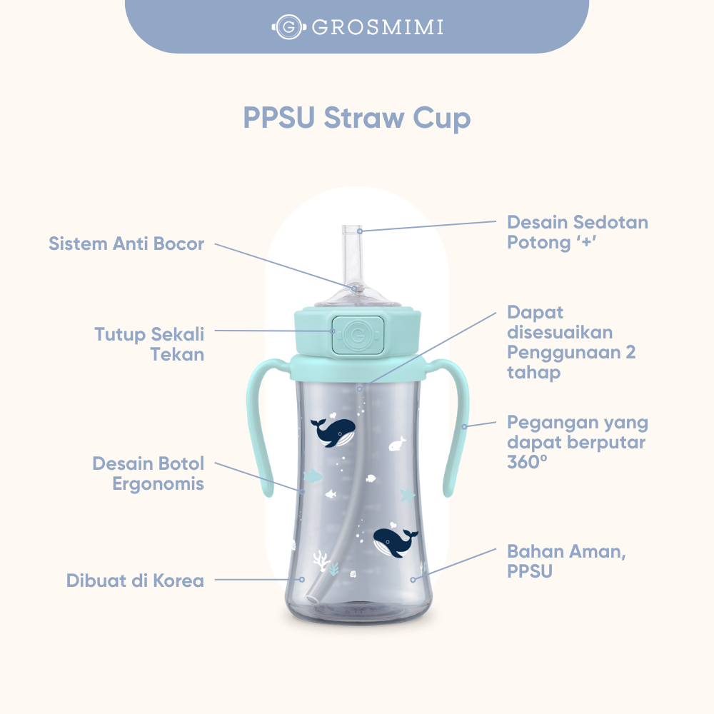 Grosmimi PPSU Straw Cup 200ml / Botol Minum Training Sedotan Anak Bayi