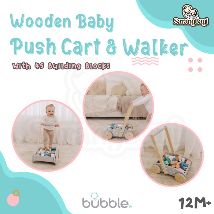 Bubble Wooden Baby Push Cart and Walker with 45 Building Blocks / Baby Walker