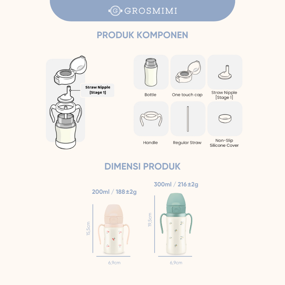 Grosmimi Stainless Straw Cup 200ml / Botol Minum Training Anak Bayi Stainless